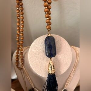 Wood Beaded with Lapis Blue Stone Gold Accents Long Necklace
